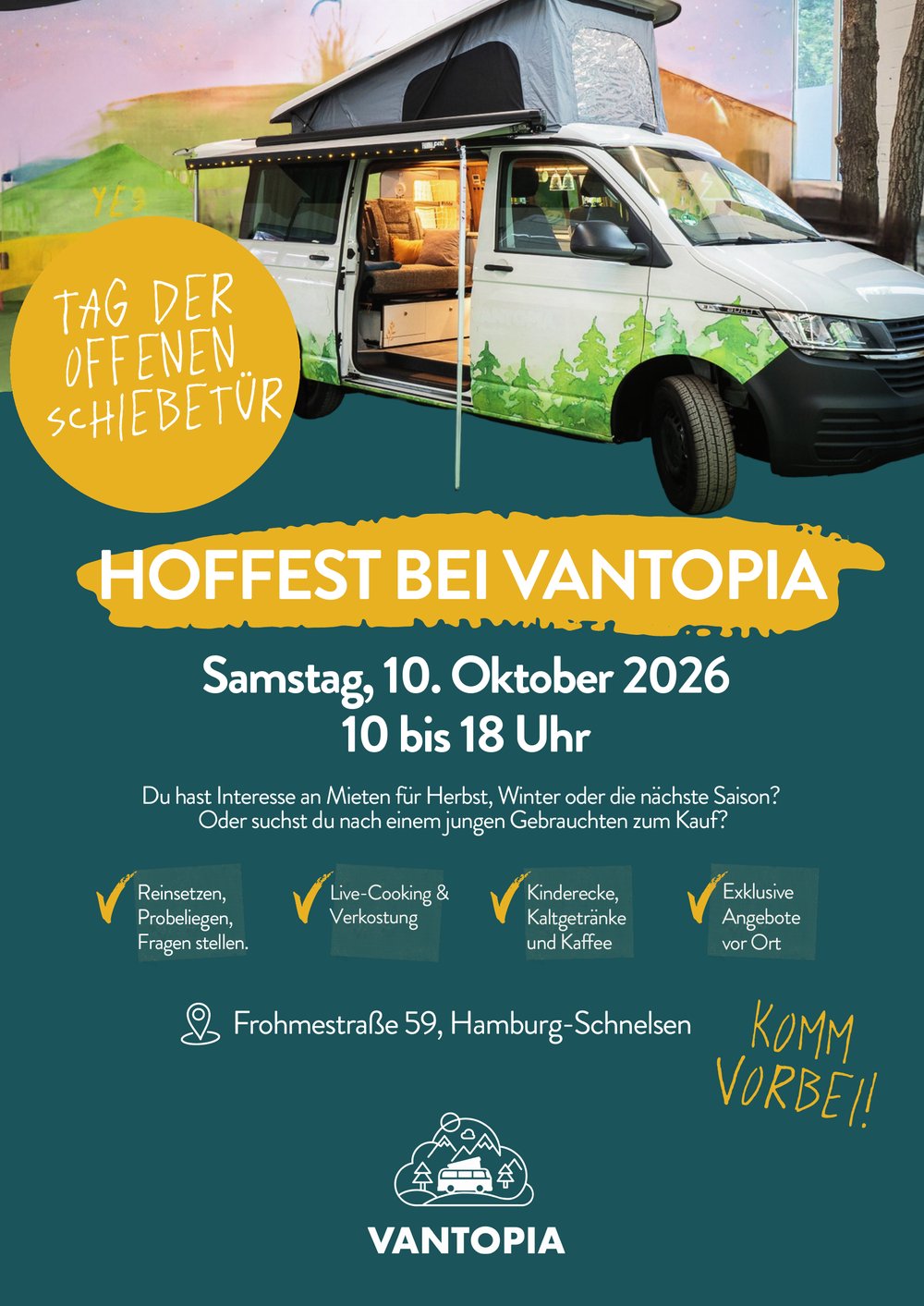 Plakat Hoffest bei VANTOPIA: Tag der offenen Schiebetür, Samstag, 10. Oktober 2026, 10 bis 18 Uhr, Frohmestraße 59, Hamburg-Schnelsen